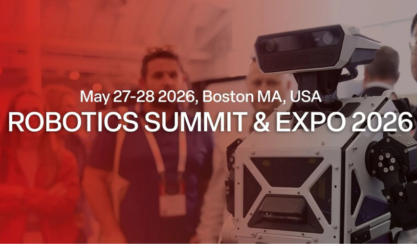 Robotics Summit & Expo 2026 banner with a robot in the foreground and a blurred conference crowd behind it.
