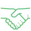 Green outline of two hands shaking, symbolizing partnership or agreement.